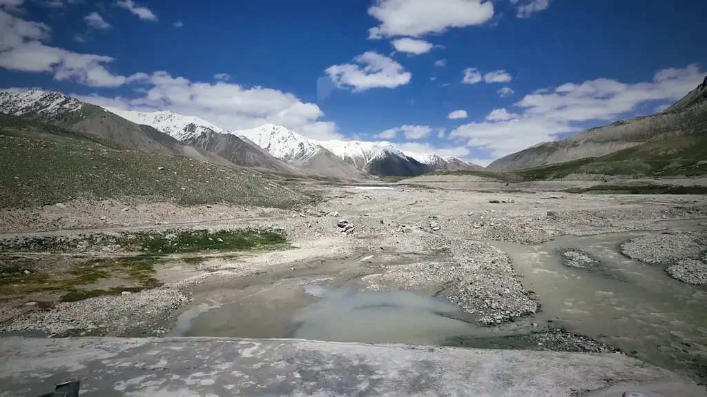 High valley near Khunjerab Pass under blue sky