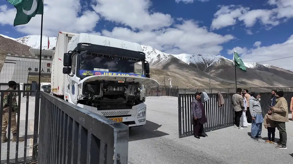 Trade truck crossing the Khunjerab Pakistan–China border gate